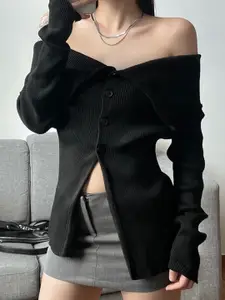 KPOP Black Self Design Striped Longline Front Open Sweater