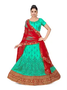 MANVAA Embroidered Beads and Stones Semi-Stitched Lehenga & Unstitched Blouse With Dupatta