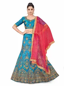 MANVAA Embroidered Zari Semi-Stitched Lehenga & Unstitched Blouse With Dupatta