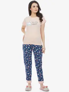 MAYSIXTY Typography Printed Pure Cotton Night Suit