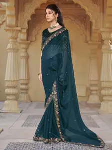 Satrani Teal & Green Embellished Embroidered Saree