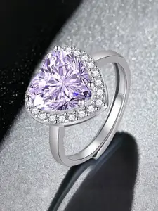 MYKI Silver-Plated Cubic Zirconia Studded Heart Solitaire Adjustable Finger Ring