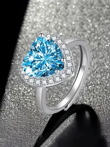MYKI Silver-Plated CZ-Studded Heart Shaped Adjustable Finger Ring