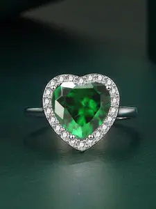 MYKI Silver-Plated Cubic Zirconia Studded Heart Solitaire Adjustable Finger Ring