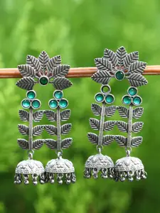 Anouk Green German Silver Plated Stone Studded Classic Jhumkas
