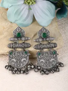 Anouk Green Stone Studded Silver-Plated Oxidised Classic Chandbalis Earrings