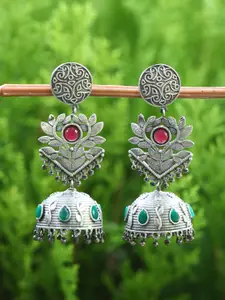 Anouk Silver-Plated Stone-Studded Contemporary Oxidised Jhumkas