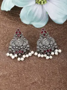 Anouk Silver-Plated Stone-Studded Contemporary Oxidised Drop Earrings