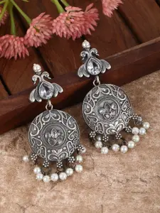 Sangria Silver Plated Artificial Stones-Studded And Beads-Beaded Oxidised Drop Earring