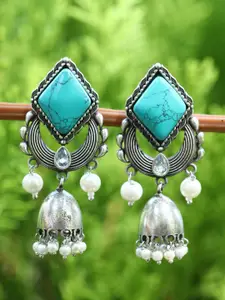 Sangria Silver Plated Artificial Stones-Studded And Beads-Beaded Oxidised Drop Earring