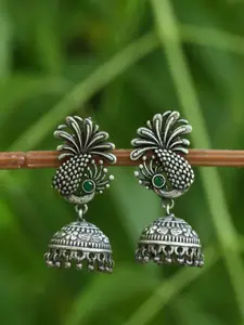 Sangria Silver-Toned Silver-Plated Stones Studded Peacock Shaped Oxidised Jhumkas