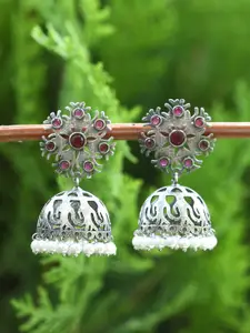 Sangria Silver-Toned & Red Silver-Plated Stones Studded Dome Shaped Oxidised Jhumkas