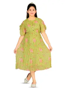 BAESD Girls Floral Printed Puff Sleeve Chiffon Fit & Flare Midi Dress