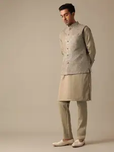 KALKI Fashion Mandarin Collar Embroidered Thread Work Silk Kurta & Trousers & Nehru Jacket