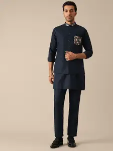 KALKI Fashion Embroidered Regular Linen Kurta With Trouser & Jacket