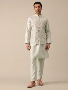 KALKI Fashion Mandarin Collar Thread Work Pure Silk Kurta Trousers With Nehru Jacket