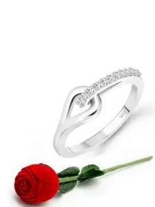 Vighnaharta Rhodium-Plated CZ Studded Finger Ring With Rose Box