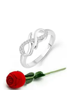 Vighnaharta Rhodium-Plated Cubic Zirconia Studded Finger Ring With Rose Box