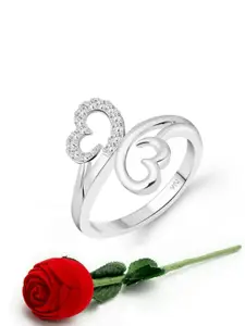 Vighnaharta Rhodium-Plated Cubic Zirconia Studded Double Heart Shaped Finger Ring
