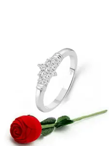 Vighnaharta Rhodium-Plated CZ-Stone Studded Floral Finger Ring With Rose Box