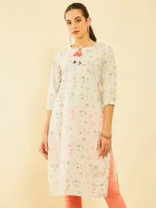 Soch Off White Floral Printed Tie-Up Neck Straight Kurta