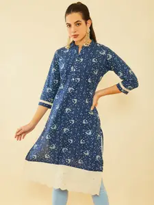 Soch Blue Floral Printed Tie-Up Neck Pure Cotton Straight Kurta