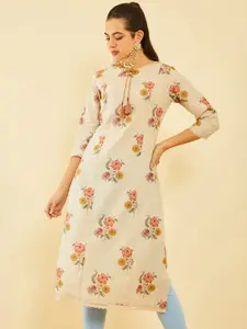 Soch Floral Printed Tie Up Neck Tassels Detail Linen Straight Kurta