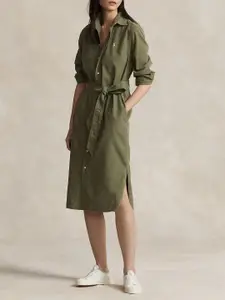 Polo Ralph Lauren Cuffed Sleeves Belted Cotton Midi Shirt Dress