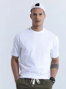 Snitch White Round Neck Relaxed Fit Cotton T-shirt