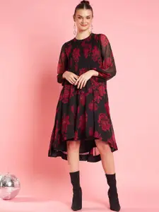Antheaa Red Floral Print Round Neck Puff Sleeves High-Low Fit & Flare Knee Length Dress