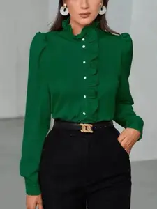 StyleCast Green Ruffled Long Sleeves Satin Casual Shirt