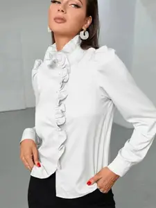 StyleCast White Ruffled Long Sleeves Satin Casual Shirt