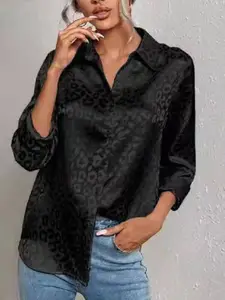 StyleCast Black Animal Printed Long sleeves Satin Casual Shirt