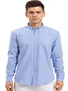Bought First Men Turquoise Blue Premium Opaque Striped Party Shirt