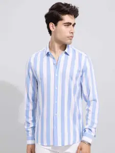 Bought First Men Blue Premium Opaque Striped Party Shirt