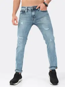 BADMAASH Men Slim Fit Mid-Rise Mildly Distressed Light Fade Stretchable Jeans