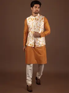KISAH Floral Mirror Work Straight Kurta with Churidar & Nehru jacket