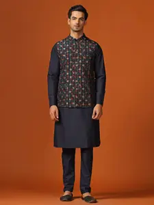KISAH Floral Printed Straight Kurta with Churidar & Nehru jacket