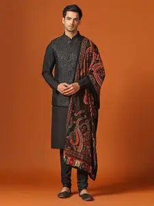 KISAH Men Woven Jacquard Regular Fit Sequinned Kurta Jacket Churidar Set with Dupatta