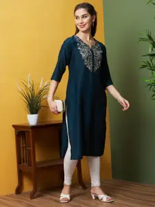Globus Floral Yoke Design Notched Thread Work Straight Kurta