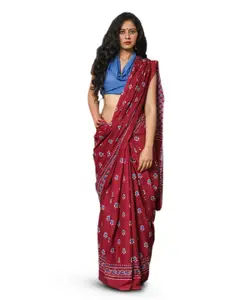 KIAARON Floral Pure Cotton Block Print Saree