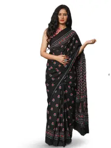 KIAARON Floral Pure Cotton Block Print Saree