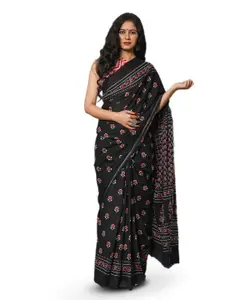 KIAARON Floral Printed Pure Cotton Block Print Saree