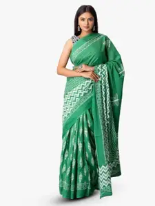 KIAARON Geometric Printed Pure Cotton Block Print Saree