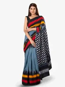 KIAARON Ikat Hand Block Printed Pure Cotton Saree