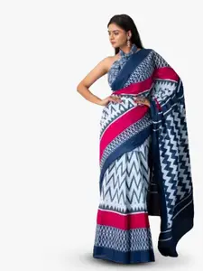 KIAARON Geometric Ikat Pure Cotton Block Print Saree