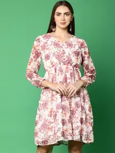 V-Mart White Floral Printed Gathered  Cotton Fit & Flare Dress