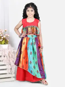 Sangria Girls Red & Blue Floral Printed Ready to Wear Layered Silk Lehenga With Peplum Top