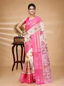 DipDiya Pink & White Ethnic Motifs Zari Pure Cotton Taant Saree