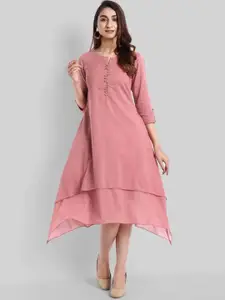 Mera Rang Notched Round Neck A-Line Cotton Midi Dress